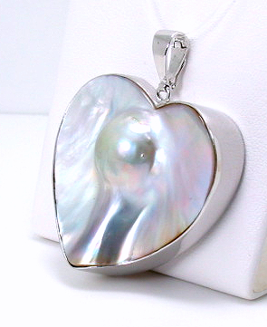 Large South Sea Blister Mabe Pearl Heart Pendant Enhancer Silver 