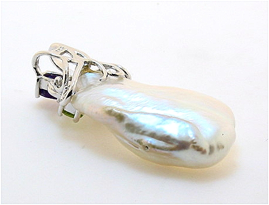 18X29MM Freshwater Baroque Pearl & Gemstones Pendant w/Chain 18in, Silver  