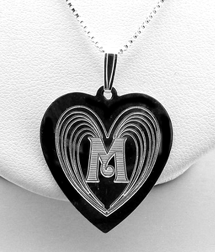 Angel Wing Design Monogram Initial Heart Pendant w/Chain 18in, Sterling Silver 