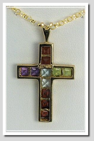 Multi Princess Cut Gemstone Cross 14K Yellow Gold
