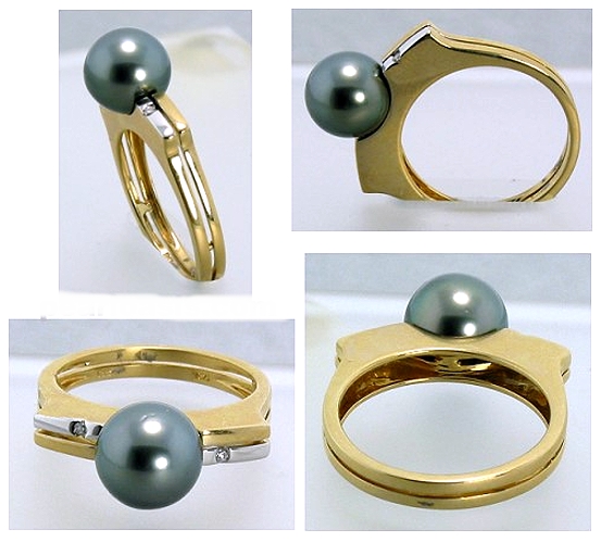 9MM Tahitian Pearl Ring w/Diamond, 14K Y Gold Size 7.25