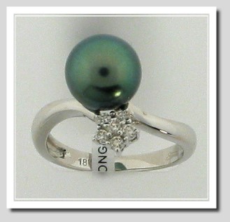 9.4MM Peacock Tahitian Pearl Diamond Ring 18K White Gold Size 7.5