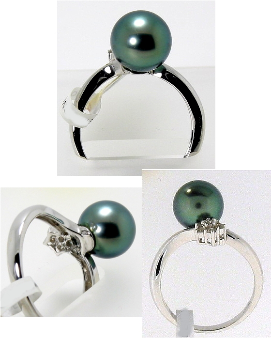 9.4MM Peacock Tahitian Pearl Diamond Ring 18K White Gold Size 7.5