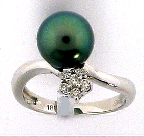 9.4MM Peacock Tahitian Pearl Diamond Ring 18K White Gold Size 7.5