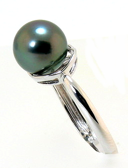 9MM Peacock Tahitian Pearl Ring, 14K White Gold Size 7.25