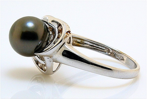 9MM Dark Gray Tahitian Pearl Diamond Ring, 14K White Gold Size 8