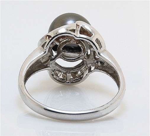 9MM Dark Gray Tahitian Pearl Diamond Ring, 14K White Gold Size 8