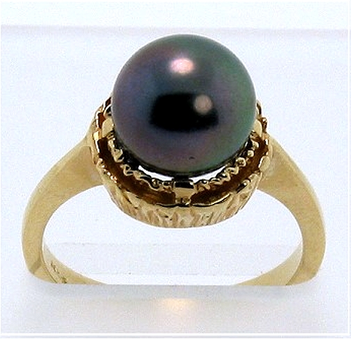 8.42MM Black Tahitian Pearl Ring 14K Yellow Gold Size 5