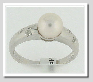 7-7.5MM White Akoya Cultured Pearl Diamond Ring 14K White Gold 
