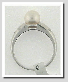 7-7.5MM White Akoya Cultured Pearl Diamond Ring 14K White Gold 