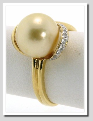 10.2MM Golden South Sea Pearl Diamond Ring 18K Gold Size 7