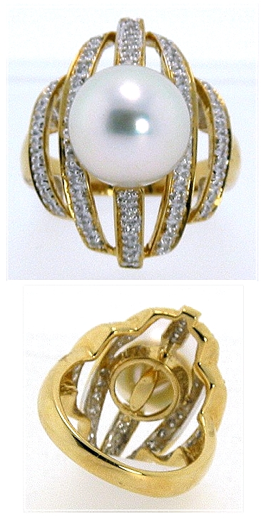 11.07MM White South Sea Pearl Diamond Ring 18K Gold Size 7