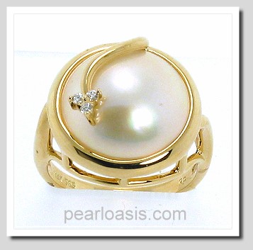 14MM Japanese Mabe Pearl Diamond Ring 14K Gold Size 7