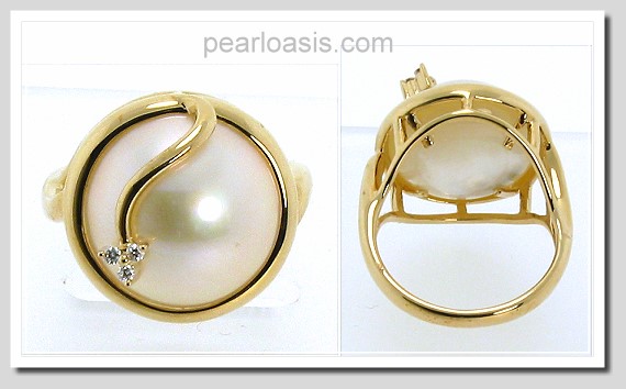 14MM Japanese Mabe Pearl Diamond Ring 14K Gold Size 7