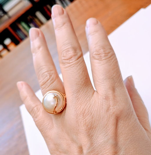 14MM Japanese Mabe Pearl Diamond Ring 14K Gold Size 7