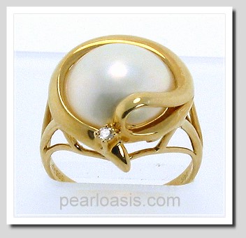 13MM Japanese Mabe Pearl Diamond Ring 14K Gold Size 7