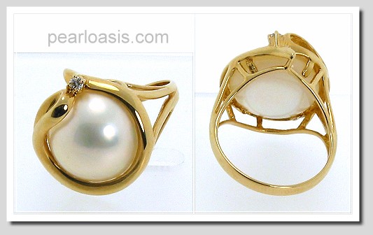 13MM Japanese Mabe Pearl Diamond Ring 14K Gold Size 7