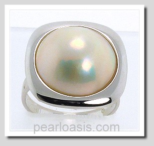 14MM Japanese Mabe Pearl Ring 14K White Gold Square Setting  Size 7