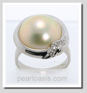 14MM Japanese Mabe Pearl Diamond Ring 14K White Gold Size 7
