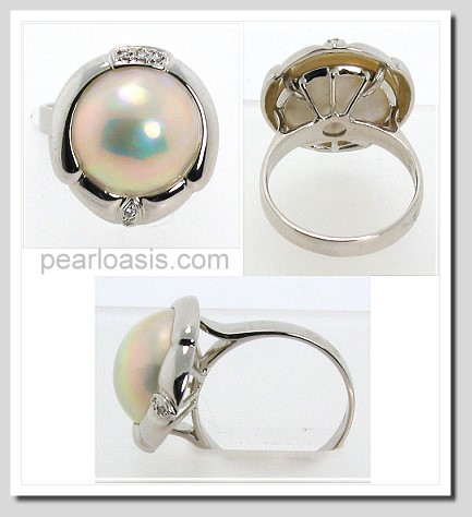 13.7MM Japanese Mabe Pearl Diamond Ring 14K White Gold Size 7