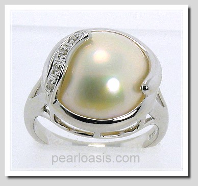 13MM Japanese Mabe Pearl Diamond Ring 14K White Gold Size 7