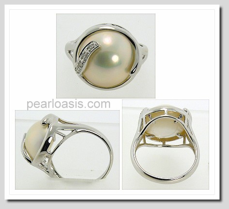 13MM Japanese Mabe Pearl Diamond Ring 14K White Gold Size 7