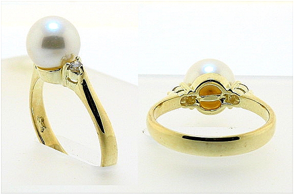 8-8.5mm Cultured Pearl Ring w/Diamonds, 14K Yellow Gold, Size 7