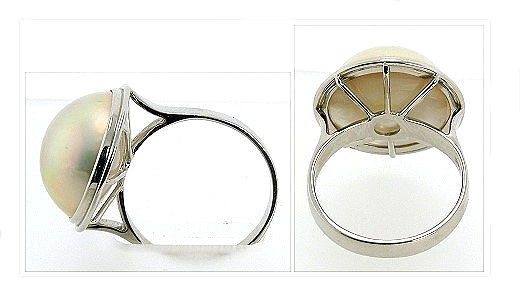 15.4MM Japanese Mabe Pearl Ring 14K White Gold Size 7