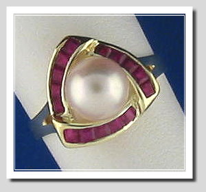 7.5-8MM Cultured Pearl & Ruby Ring, 14K, Triangle Style, Size 7