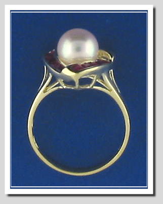 7.5-8MM Cultured Pearl & Ruby Ring, 14K, Triangle Style, Size 7