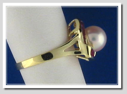 7.5-8MM Cultured Pearl & Ruby Ring, 14K, Triangle Style, Size 7