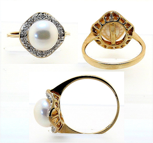 9MM Freshwater Cultured Pearl Ring w/Diamonds, 14K, Sizes 7.5