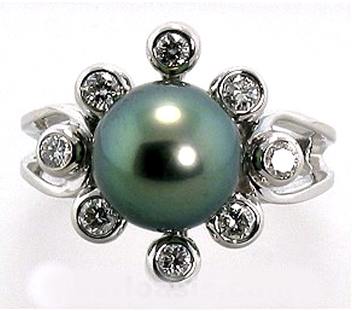 9.7MM Peacock Tahitian Pearl Diamond Ring 0.42 Ct. 14K White Gold Size 7.5