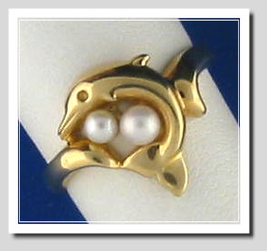 Dolphin Ring with Two White Akoya Cultured Pearl, 14K, Size 7.5