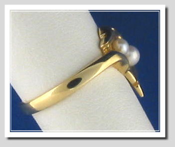 Dolphin Ring with Two White Akoya Cultured Pearl, 14K, Size 7.5