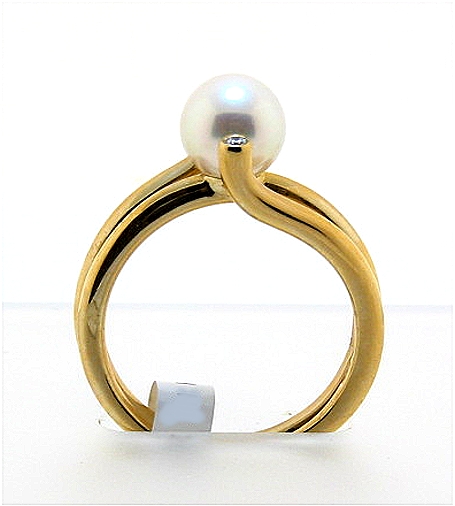 7.3MM White Akoya Cultured Pearl Ring w/Diamonds, 14K Yellow Gold, 5.9g. Size 7.5