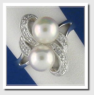 Double White Cultured Pearl Ring w/Diamonds, 14K W Gold
