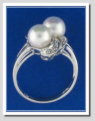 Double White Cultured Pearl Ring w/Diamonds, 14K W Gold