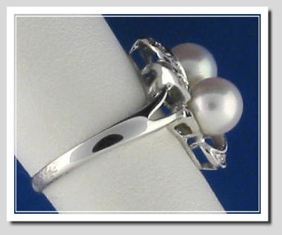 Double White Cultured Pearl Ring w/Diamonds, 14K W Gold