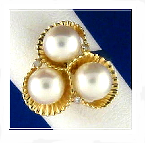 Tri White Cultured Pearl Ring w/Diamonds, 14K Y Gold