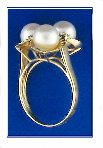 Tri White Cultured Pearl Ring w/Diamonds, 14K Y Gold