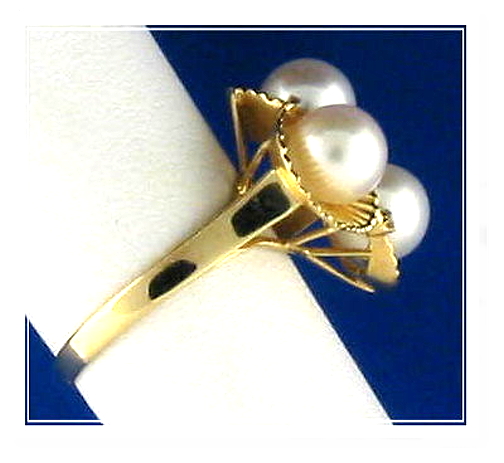 Tri White Cultured Pearl Ring w/Diamonds, 14K Y Gold