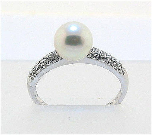7.5MM White Akoya Cultured Pearl Ring w/0.18 Ct. Diamonds, 14K White Gold, Size 7