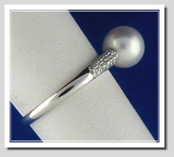 7.5MM White Akoya Cultured Pearl Ring w/0.18 Ct. Diamonds, 14K White Gold, Size 7