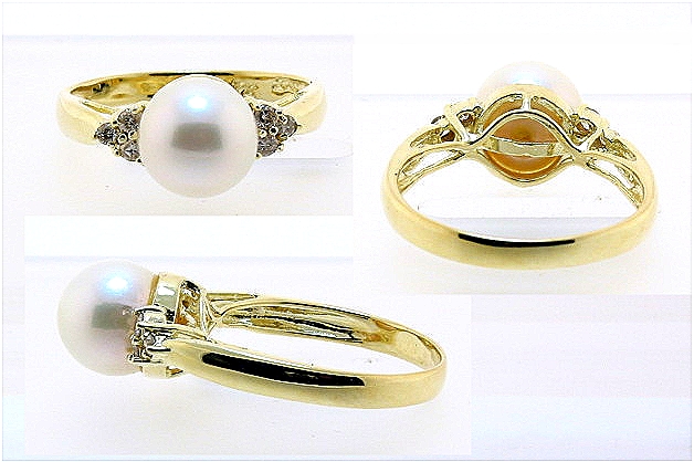 8.4MM White Cultured Pearl Ring w/6 Diamonds, 14K Yellow Gold, Size 7