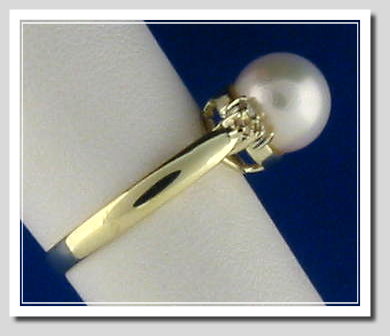 8.4MM White Cultured Pearl Ring w/6 Diamonds, 14K Yellow Gold, Size 7