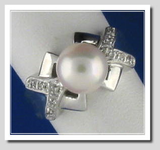 8MM White Cultured Pearl Ring, XO Style, 14K White Gold, Size 7