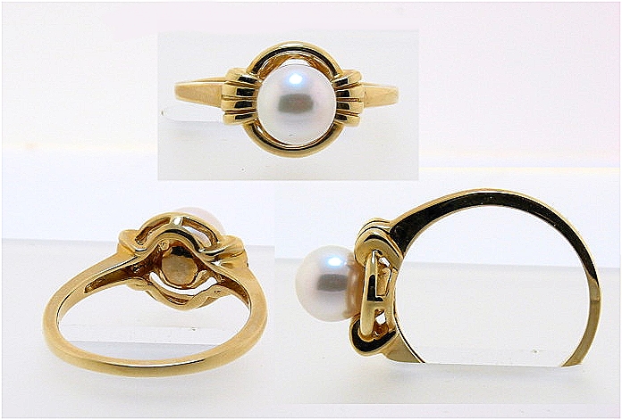 6MM White Japanese Akoya Cultured Pearl Ring, 14K Yellow Gold, Size 7