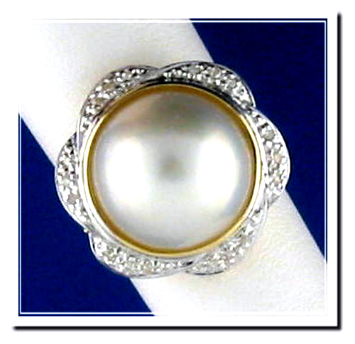 14MM Japanese Mabe Pearl Diamond Ring 14K Yellow Gold Size 7