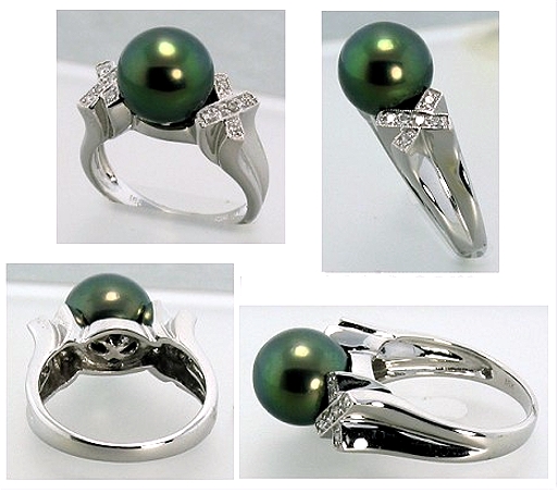 10MM Black Tahitian Pearl Ring w/Diamonds, 18K White Gold, XO Style, Size 7.5